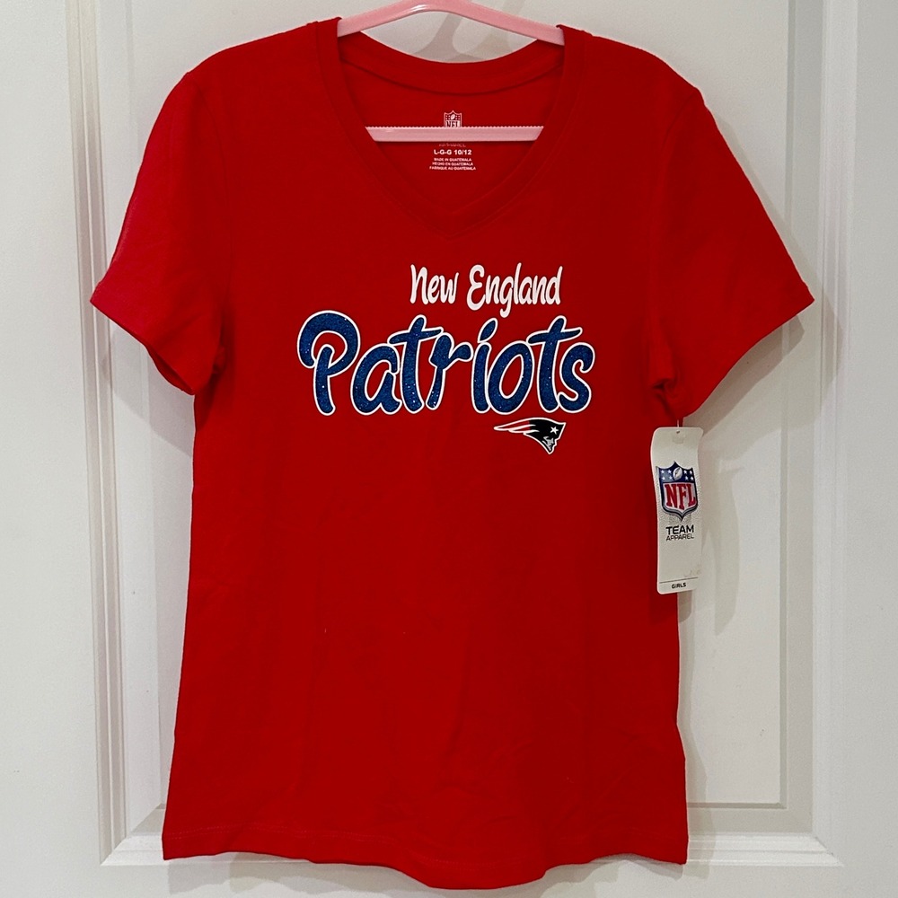 NFL New England Patriots Girls Red V-Neck T-Shirt Size L 10/12 NWT
